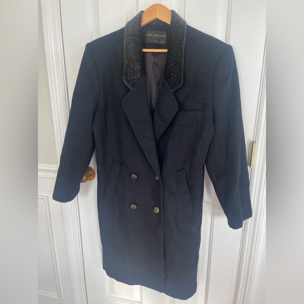 Vintage David Benjamin Coat Womens 8 Black Double Breasted 100% Wool Velvet Trim